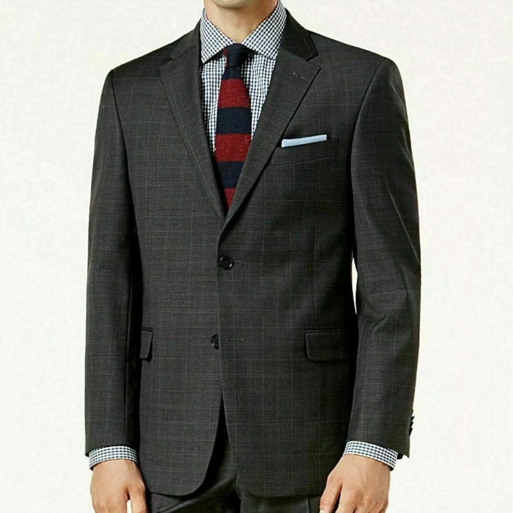 Tommy Hilfiger 38Reg Grey Sharkskin Windowpane Stretch Suit Jacket Mens 38Reg
